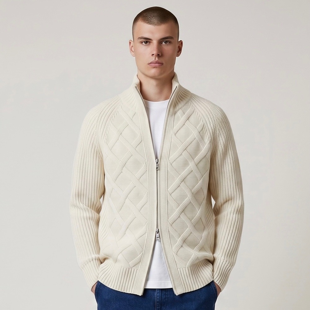 Banana Republic Merino Wool Cable Knit Cardigan Sweater Mens M Cream Full Zip